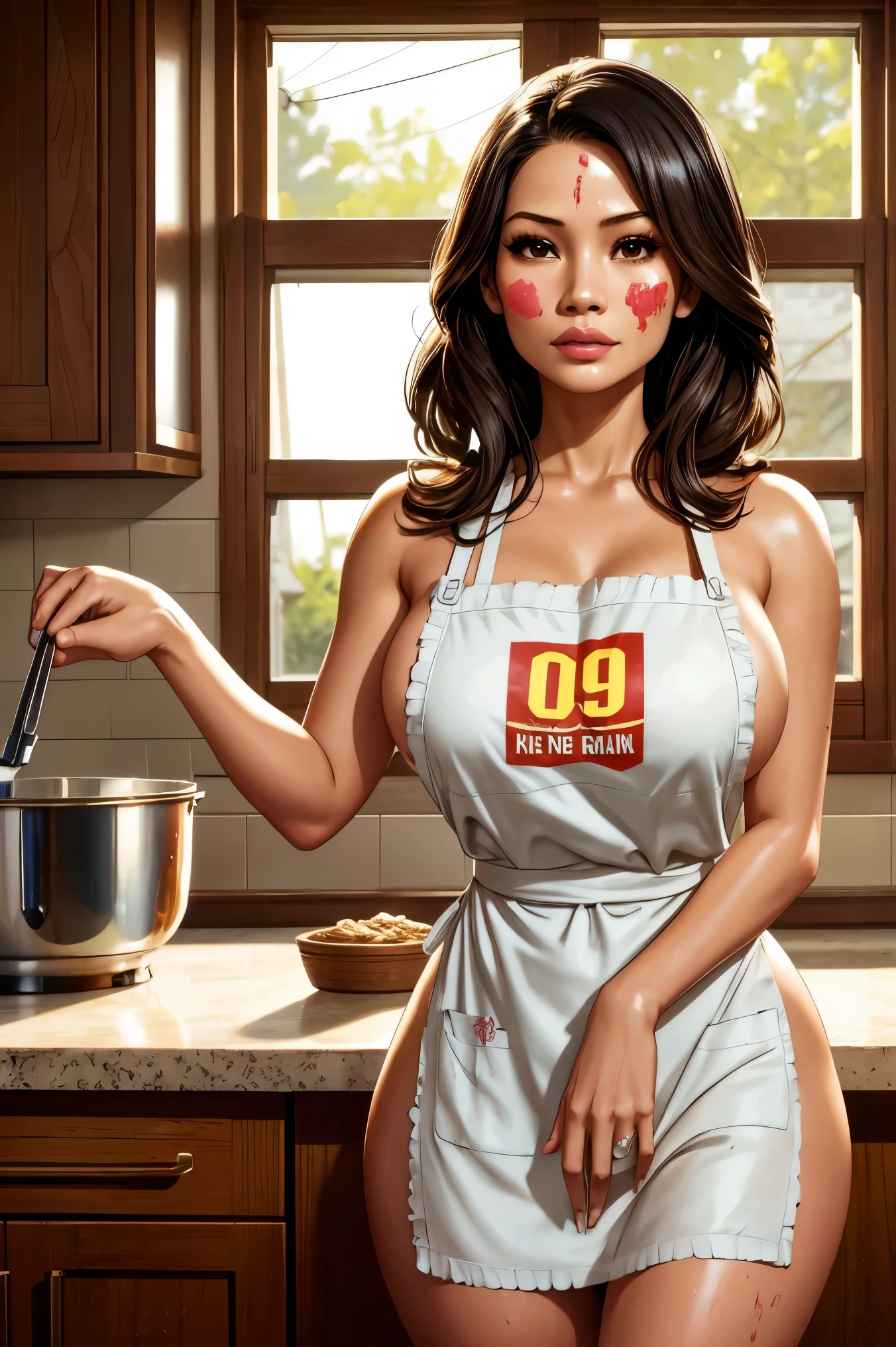 ((multiple thick body mature women age 40 American milf super model))wearing topless and thong panties, outdoor kitchen patio, smiling greeting viewer, ((wearing topless show pasties sfw)), viewer on the floor, lab coat, necklace, earrings, hair in big bun