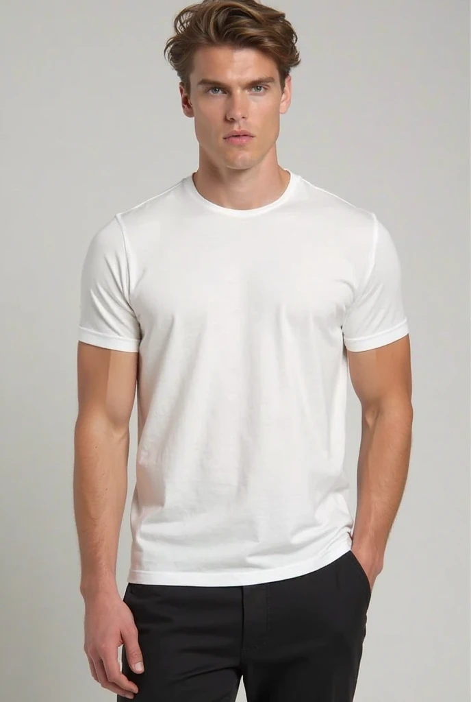 sexy ginger guy with a white t-shirt and jeans with short ginger hair and blue eyes