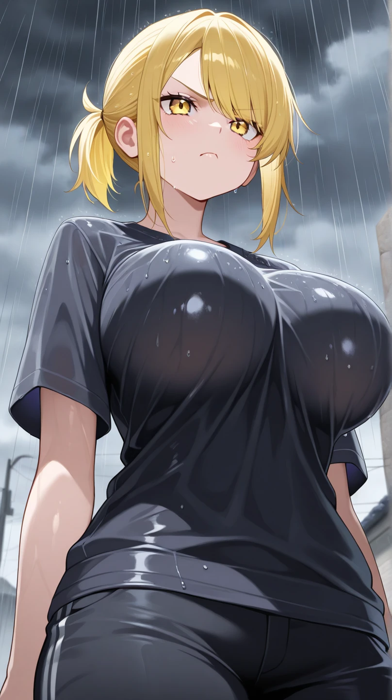 Blonde ponytail, (blushing face:1.5), (sweaty:1.5), large breasts, open hoodie
