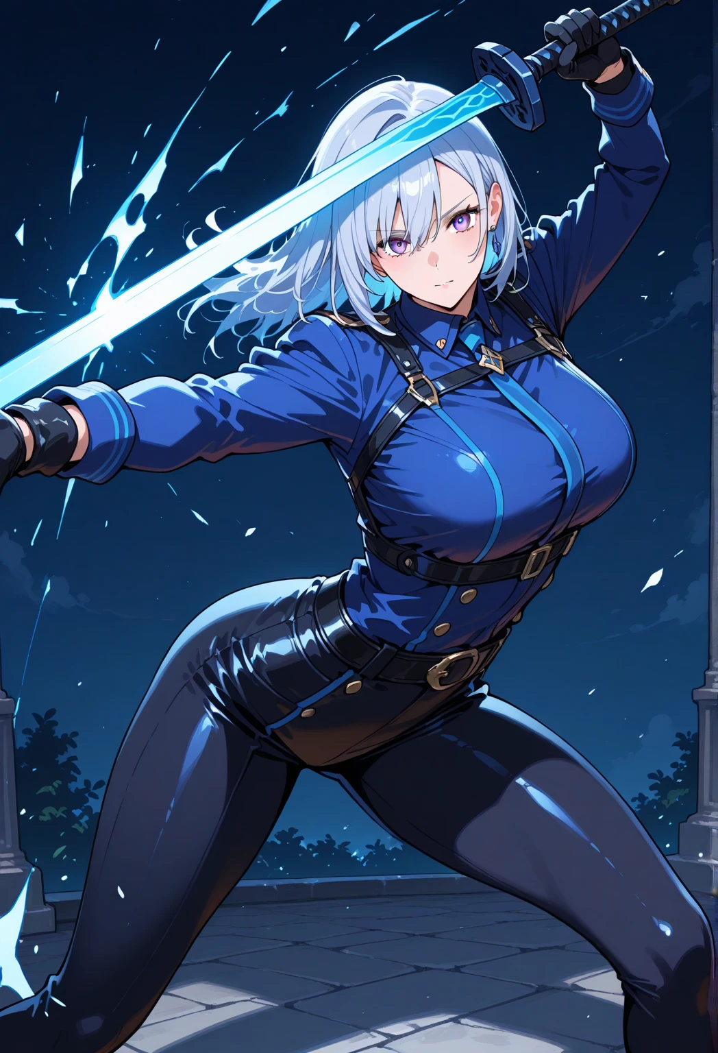 4k, fine detail, masterpiece, high quality eyes, high detail painting, soft shadows, best character art , half nude, open clothes, 1girl, belt, black gloves, cleavage, fingerless gloves, gloves, holding, holding sword, katana, large breasts, long hair, looking at viewer, ponytail, solo, sword, thigh strap, weapon, white hair