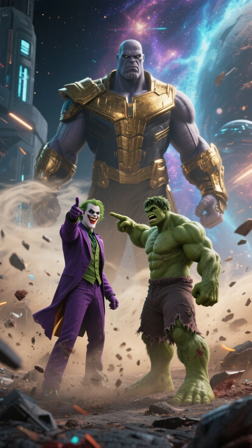 Create movie art with Thanos, o Hulk e o Nautilus de league of legends, with a superhero pose and the Joker behind manipulating them