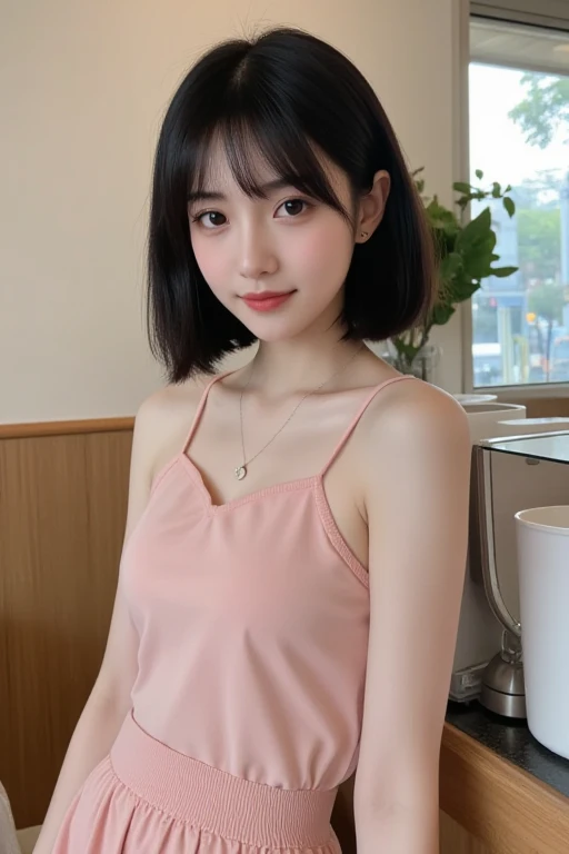 ((Highest quality, 8K, masterpiece :1.3)), One girl, Beautiful woman with well-defined abdominal muscles: 1.3, whole body, (Long Hair, Big Breasts: 1.2), Oversized tank top: 1.2, Very delicate face, Delicate eyes, double eyelid, smile, Home, Random color clothes