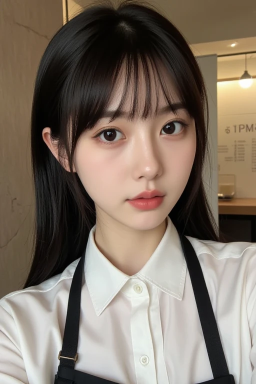 Korean girl, black hair, older sister, putting her hair in a ponytail and smiling to the narrator, high definition picture, masterpiece, (beautiful girl, cafe, enchanting, virgin, sexy), (secretary), coquettish smile, coquettish woman,