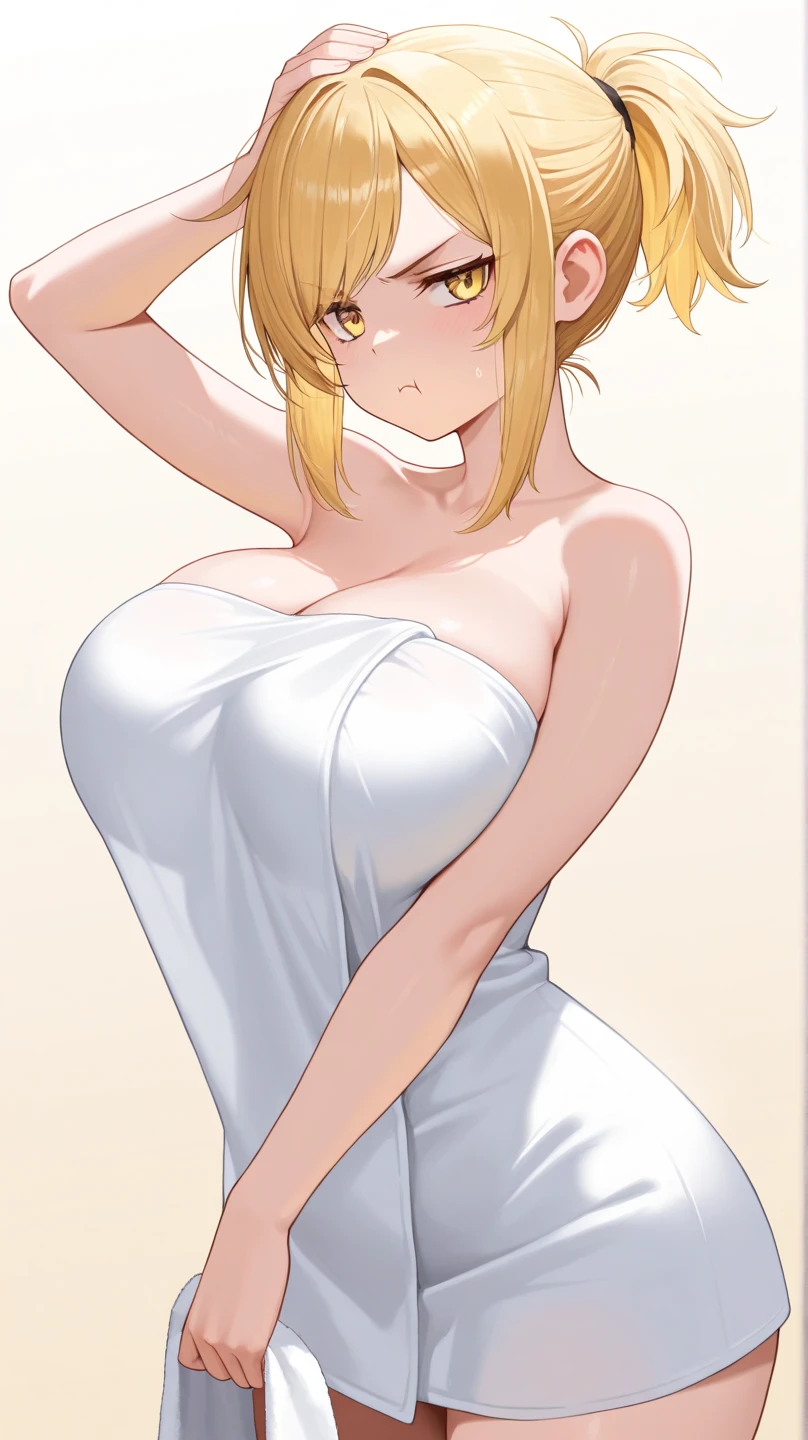 masterpiece, best quality, ultra-detailed, illustration,masterpiece, Best quality, high resolution, high resolution, and18, 1girl, android 18, blonde hair, blue eyes, short hair, earrings, looking at viewer in a seductive look, close up, (breast focus), (arms behind back:1.2), (from above:1.1),big sized breasts, attempt to seduce,blush, cleavage ,(wide thighs:1.2), (weeding dress), (white dress),(white veil),(tight dress)