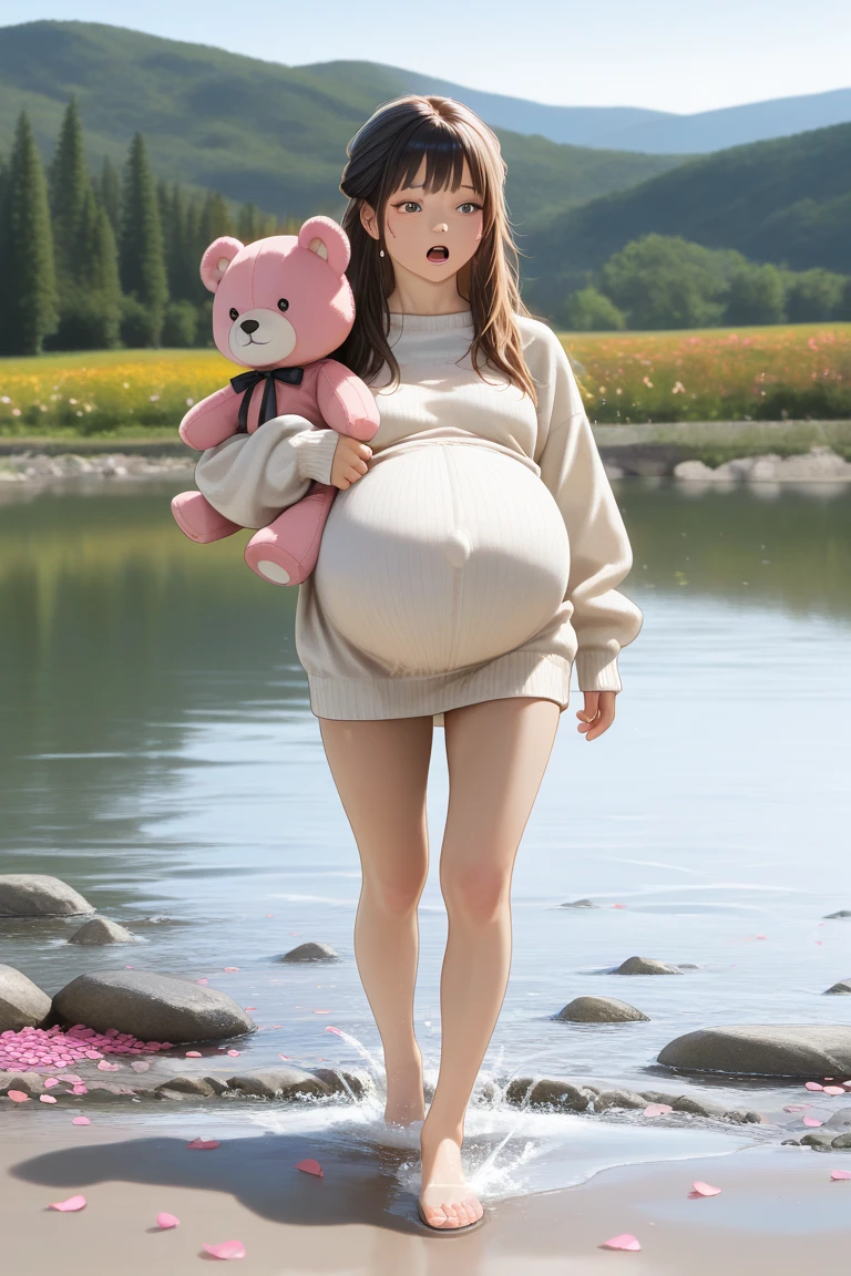 Maximum image quality、of the highest quality、highest resolution、Masterpiece、SMILE、Look at the camera、low angle shot、full body shot、beautiful mature woman of 38 years、long curly light brown hair、atar、fine lingerie、knitted hat、socks、knee high boots、Pregnant` A busy intersection in front of the supermarket on Station Main Street, back pose