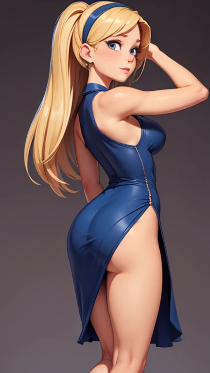 Draw a cute, blonde and sexy girl, who looks like viktoria secrets model, put a very sensual blue minidress on her, and who makes a suggestive pose, who is around 18 years old, from the back