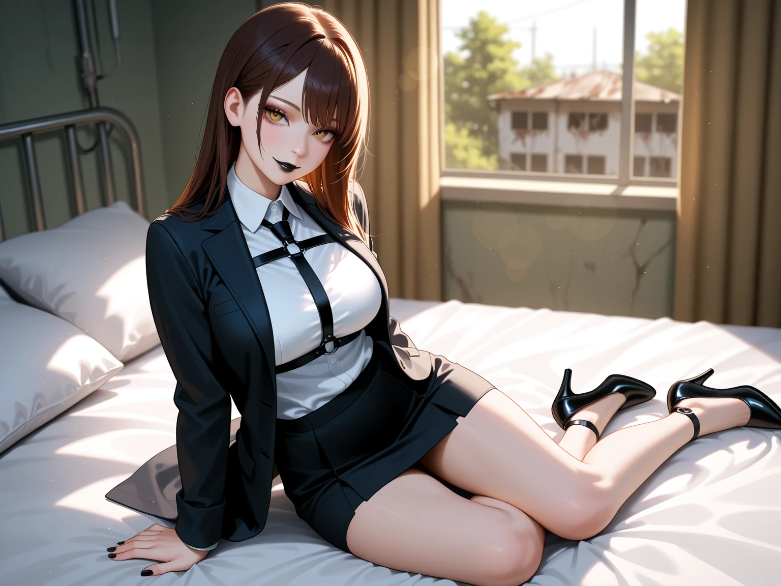 (1girl 24 years old:1.3), (photorealistic:1.4), (masterpiece, top quality, best quality, official art), extreme detailed, highest detailed, (ultra-detailed), ((an extremely delicate and beautiful)), cinematic light, (realisticlying:1.3), (highdetailskin:1.2), high resolution, 8K UHD, 4K, 8K, Bokeh, digital SLR camera, absurderes, Optimal proportions of four fingers and one thumb,
((silky long hair)), (brown hair), beautiful face, perfect face, highly detailed beautiful face,
Cute, shy,
walk around town, midnight,
dynamic angle, from above,
((Wearing a black formal blazer)), ((white blouse with collar)), cleavage, skirt, lacepantyhose, blue underwear,
open legs a little, kneel down,