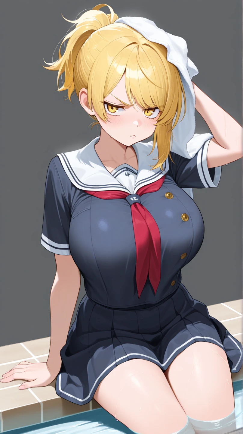 masterpiece, best quality, extremely detailed, 1girl, milf, solo, (dark skin, dark brown skin:1.8), elegg, (huge breasts), ((((hair intakes, multicolored hair), short hair, bangs, hair over one eyes, purple eyes))), parted lips, (((seifuku, blue sailor collar, long sleeves, long blue skirt))), ((light smile), closed mouth), ((school, indoor))