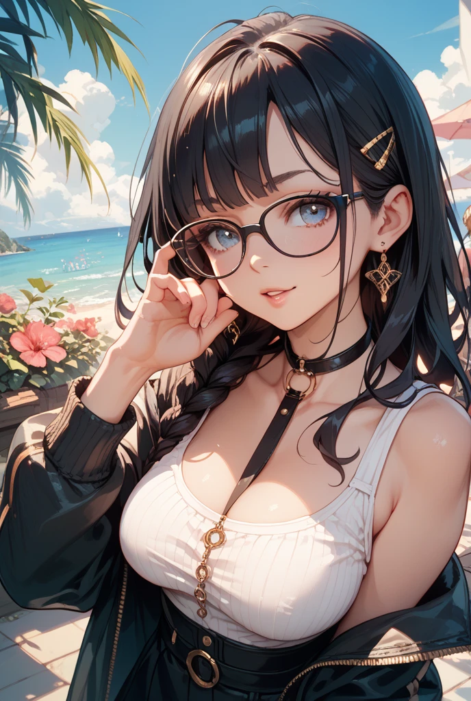 Spiral Curls,Hair is soaked,sunglasses,Bend over,Staring closely at the camera lens,Chest close-up,One size larger shirt