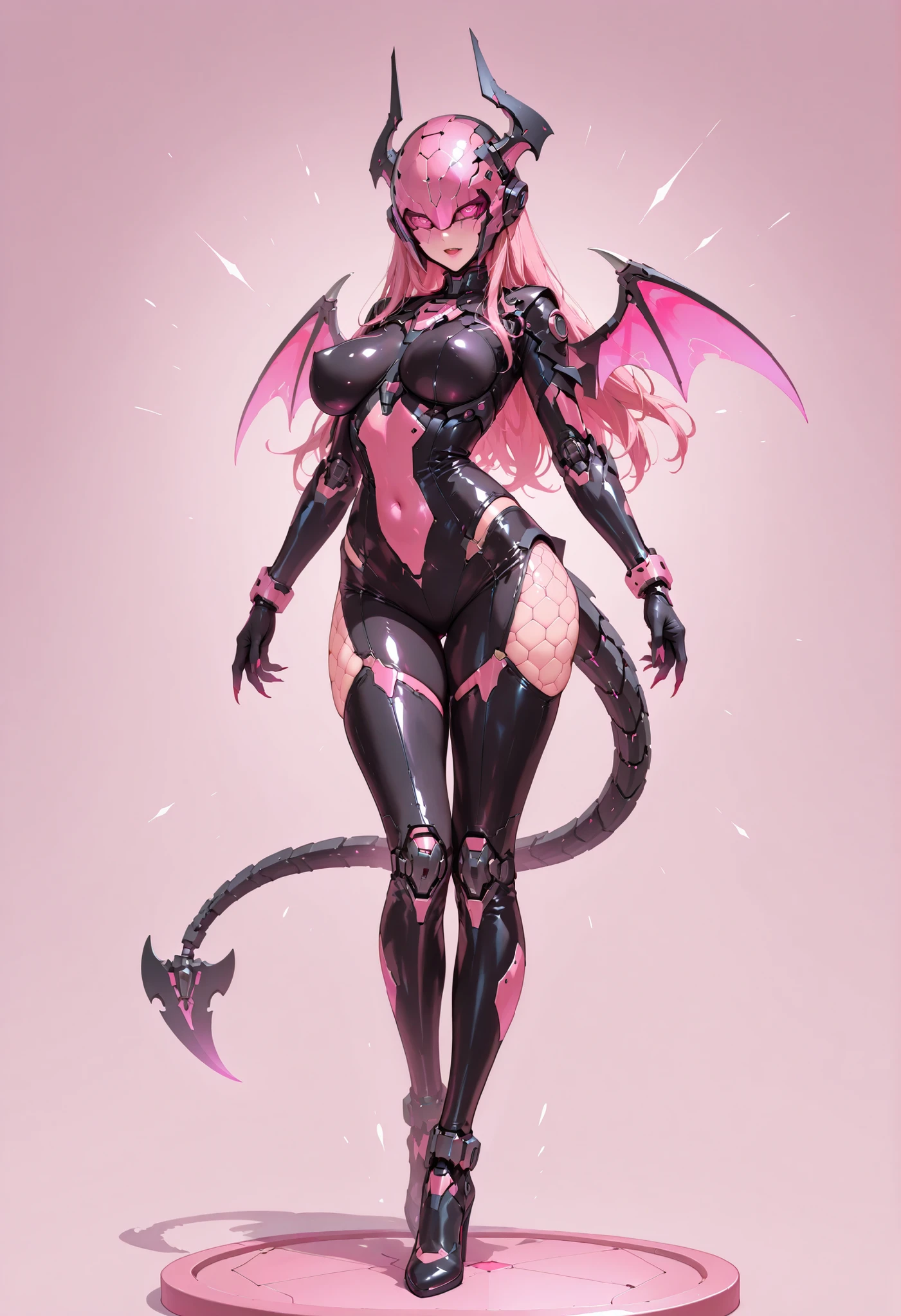 Mechanical succubus. Full face helmet. Mechanical eyes. Mechanical bat wings. Cyber ​​bodysuit. Black costume. Pink decorations. Perky breasts. Curvy waist. Thighs. Sharp claws. Honeycomb thighs. Tail.