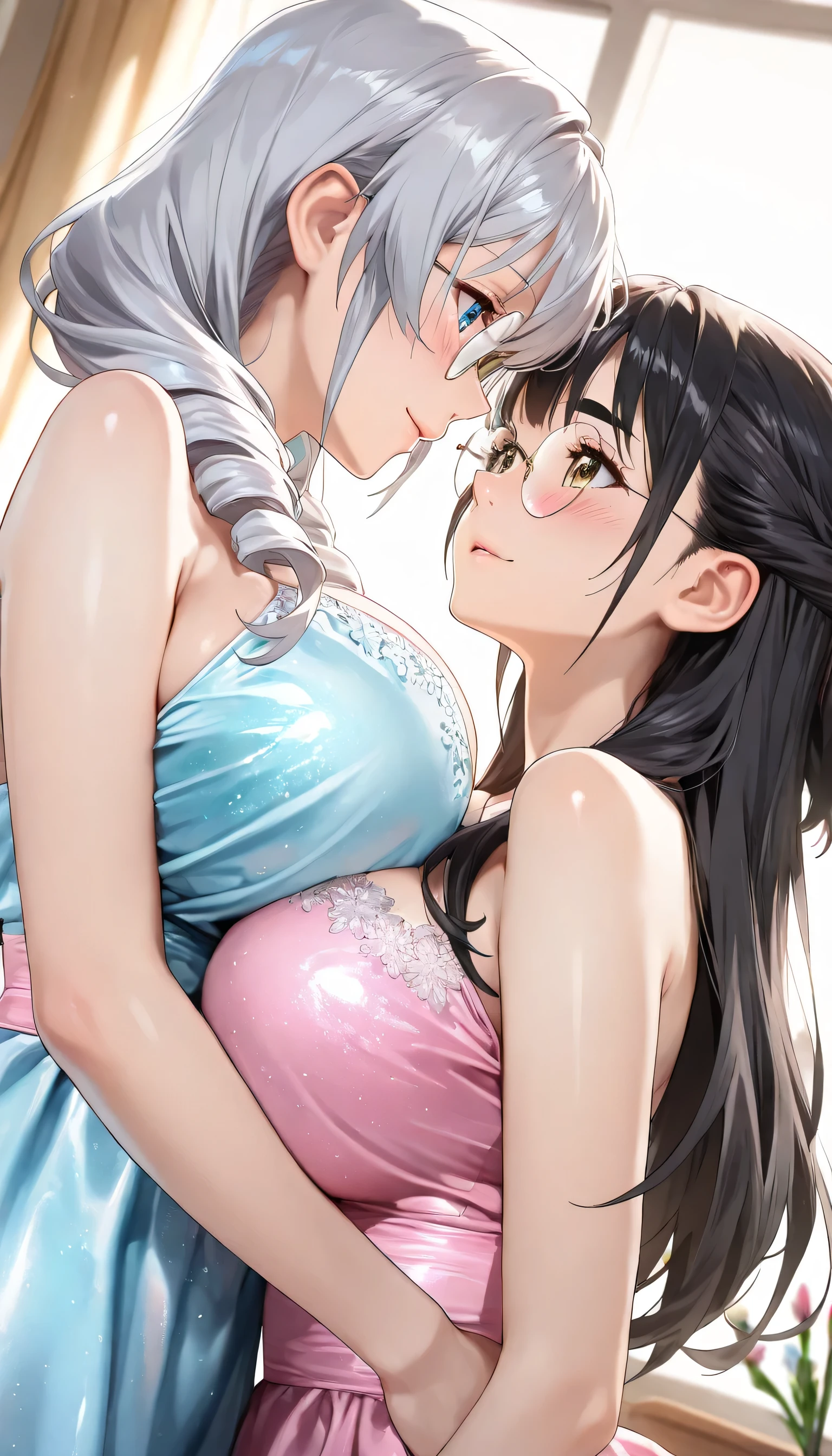 full body standing straight barefoot, long hair, holding hands on bed, kissing each other, sleeping together MOTHER AND DAUGHTERS