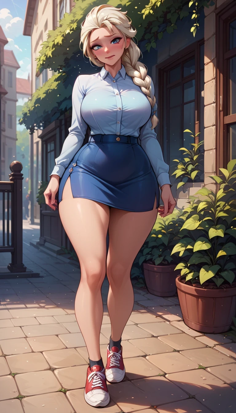 An extremely beautiful stunning voluptuous woman, with gold blonde long silky hair, big blue oceanic eyes, extremely super bright snow white fair stunning flawless glowing lush shiny white complexion and flawless skin, a perfect tight hourglass figure, and skinny waist, sexy thick smooth luscious legs and thighs, wearing a short sexy tight revealing white floral full-sleeve dress along with a blue sash on the waist, a brown off-shoulder sweater, yellow heels, gold necklace on the neck, gold anklets on feet, gold chain on the waist, standing straight, extremely cute smile on the face, bright pink blushes on cheeks, holding a pink purse, kids park in background, show full body from head to feet.
