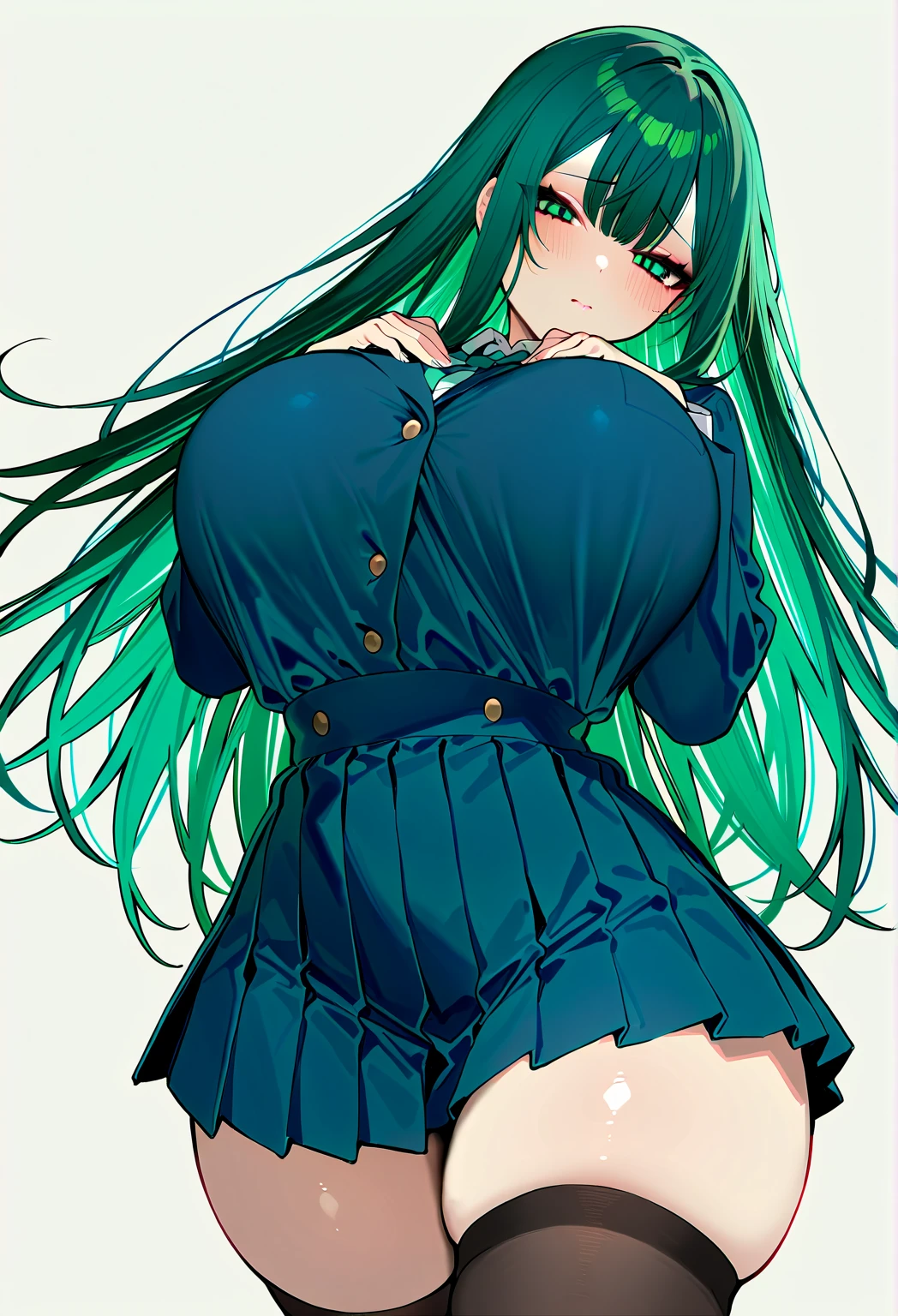 Kizi, highr, high school senior,pupils,Green hair,Green hair color,Bluish cast, Open chest and breasts,Blue_and_Green hair, Detailed beautiful eyes,navy blue eyes, evilsmile, medium boob, Open navel,Bigchest ,Big breasts Thin waist,Tsundere,haughty,medium thigh,Fleshy legs, Long legs,校服, Japan School Uniform,JK school uniform,Long black stockings, Detailed clothes, tmasterpiece,charact,Dejected