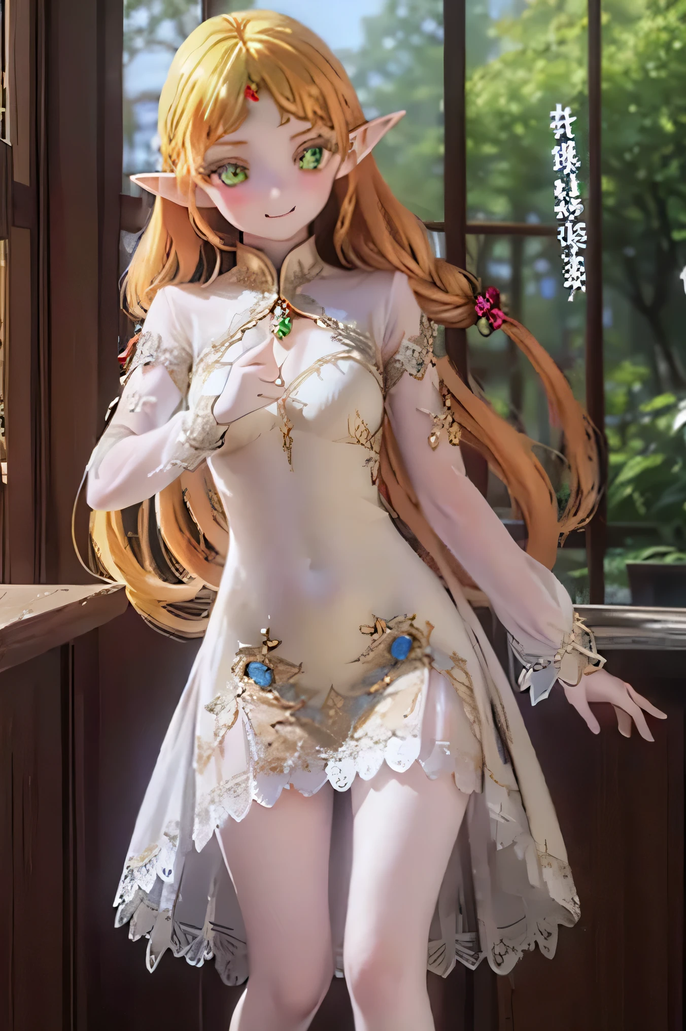 (Realistic:1.2), Beautifully Detailed Elf ,long flowing hair,Uncle Sui from another world,At the bar,has very beautiful eyes,Pointed Ears, Flowing Cape ,dreamy background,Ethereal atmosphere,soft lighting,Subtle reflection,expressive, Elf Jewelry , focuses on enchanting forest landscapes ,Attractive colors,Vivid atmosphere,mystical atmosphere, magical essence ,Elven inscriptions,Hidden Symbols,Whimsical elements,,Dancing Shadows,Graceful Posture,charming gaze,charming smile,Sublime Beauty, Extraordinary charisma from another world, focuses on enchanting forest landscapes ,Otherworldly Beings((((((( Gorgeous Sheer Dress )))))))Blondes only