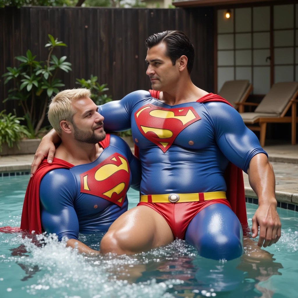 score_9, score_8_up, score_7_up, score_6_up, score_5_up, score_4_up , ,photo realistic,
Butler Alfred (slim, muscular, in his 60s) and Batman (hairy, muscular, tall, body covered in scars) in white briefs embrace each other in the shower