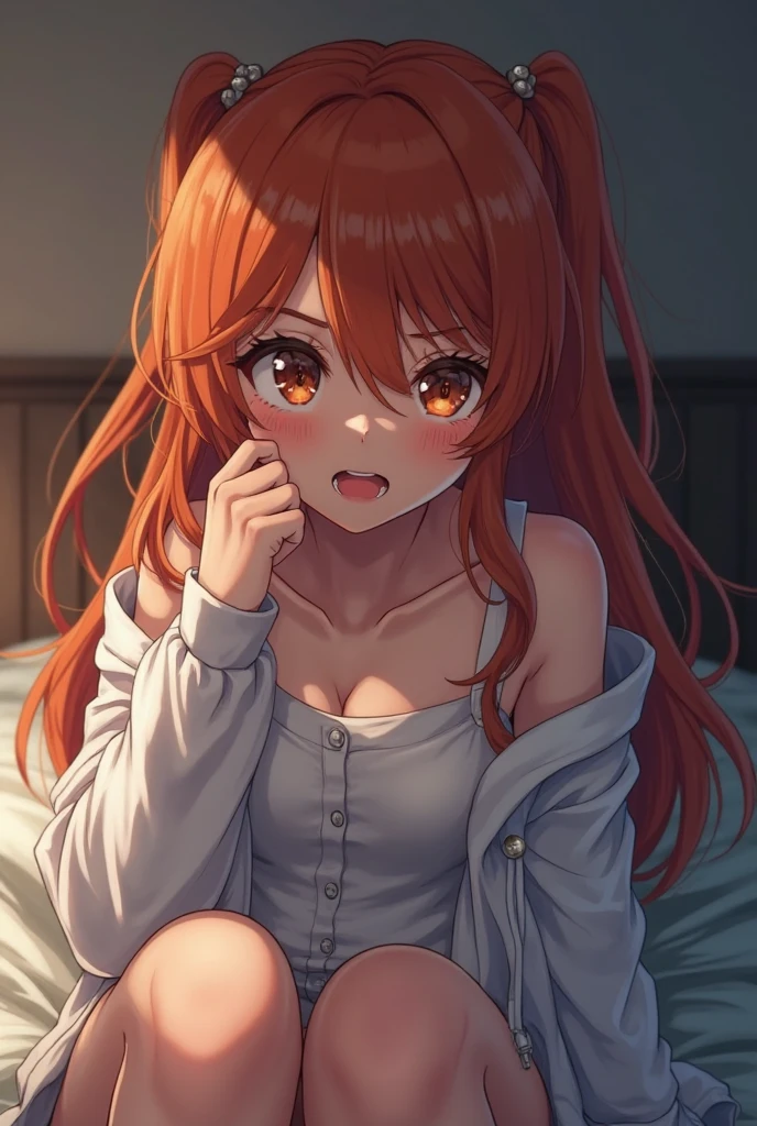 masterpiece, best quality, nsfw, 
2girl, kiss, 
white lingerie, orange hair, embarrassed face, 
bedroom, late night