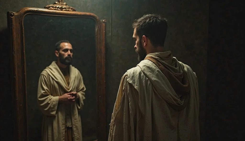 A male stoic philosopher with a well-proportioned and attractive physique, not excessively muscular. He is wearing dark classic tunics, slightly transparent, that gently drape over his body, subtly revealing parts of his shoulder, with a very short and well-groomed beard, and wavy, well-stylized hair. His expression is contemplative and resolute, as if he is staring at his own reflection in a mirror, confronting uncomfortable truths about himself. Dramatic lighting casts long, deep shadows, obscuring details and adding to the mystery. Focus on a close-up or medium shot, capturing the moment of self-reflection and the texture of the fabric. Apply a strong vignette and a touch of grain for a dramatic, timeless effect.