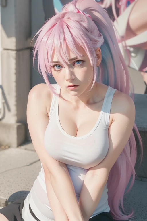 (8K, original photo, Top quality, masterpiece: 1.2), (Practical, photoPractical: 1.37), (high quality), (Ultra Practical), (High Detail), (Facial details), (Shadow Detail), ((huge huge breasts : 1.5)), Solitary, 1 girl, Pink Hair, Light blue eyes, Ponytail, White vest, Black skirt, angry, frank, Excessive sweating, Sight