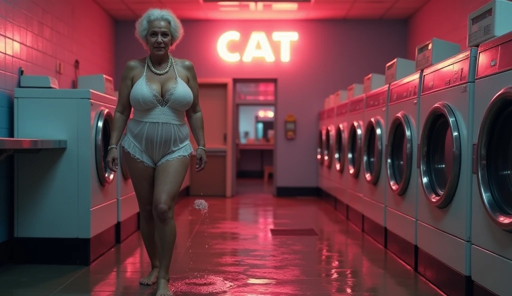 nsfw, photorealistic, beautiful face, (masterpiece:1.4), (best quality:1.4), extremely detailed, hyper-detailed, soft lighting, 38 years old very wet pin-up woman standing in the rain at a black car, big breasts, hard nipples, short blonde hairbun, totaly wet hair, shaved pubic area, (perfect_face), dressed in a very wet short transparent white dress, high heels , golden jewellery, intricate, 4k, detailed_background, full_body, realistic, 8k, sexy, very cheeky smile, very challenging facial expression, at a gas station