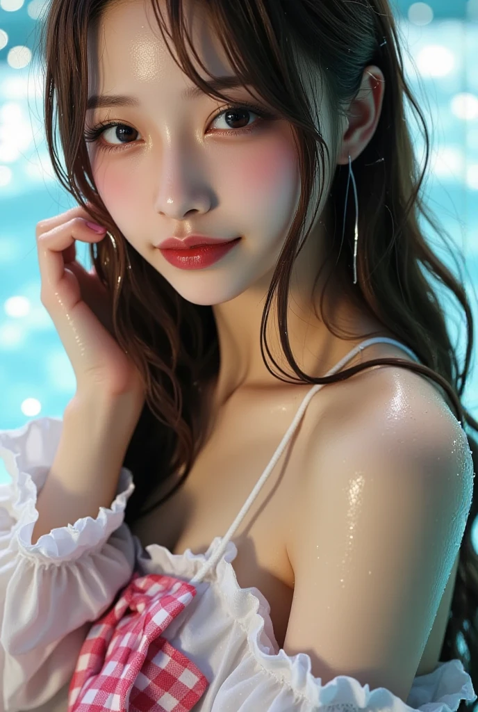 3 girls, high quality, Super detailedな, crazy details, 4K quality (Cinematic digital artwork: 1.3), high quality, table top, Highest quality, Super detailed, shape, [4K Digital Art]、 lndswgnr, (sharp focus: 1.5), (moody lighting:1.2), written boundary depth, bokeh, 4K 、High resolution, Super detailedな, Highly detailed CG Unity 8K wallpaper, realistic, Photoreal, RAW photo, beautiful and detailed face, white skin, realistic glowing skin, fine cloth texture, detailed hair texture, perfect body, beautiful face, Acura, anatomically correct, highly detailed face, Eye and skin texture, natural neck length, (beautiful eyes), (beautiful hands), (Glossy skin:1.2), thin legs, thin legs, knowledgeable person、detailed face、detailed background、 (live action、intricate details)、bionde、short hair、 night、night、Pink Neon Lights、 Dark cold lighting、Tropical style、Holographic Color Sexy Bikini、big breasts、big breasts cleavage、 play in the pool、 Dramatic compensate、compensate、Pinky Pink Lip Stick、eye make up、mascara、eyeliner、eye shadow、Lilac Contact Lenses、 (((wet body、 Sweat)))、(((The background is an example of a pool)))