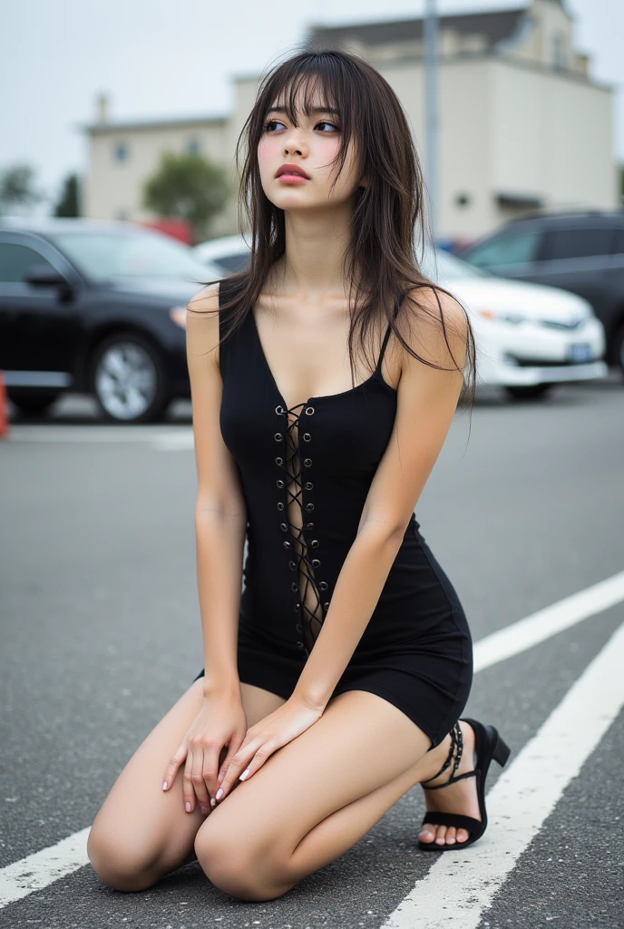 Slender young brunette Irish teen, tight dress, fishnet leggings , portrait pose 