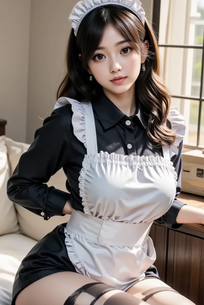 (hyperrealistic), (illustration), (high resolution), (8K), (extremely detailed), (best illustration), (beautiful detailed eyes), (best quality), (super detailed), (masterpiece), (wallpaper), (detailed face), solo, (dynamic pose), 1 girl, white wavy hair in the kitchen, korean, heterochromic eyes, small moles under the eyes, ((apron)), big breasts, long legs, tightens abs, (camel toes), (black stockings), (no panties), (no bra)