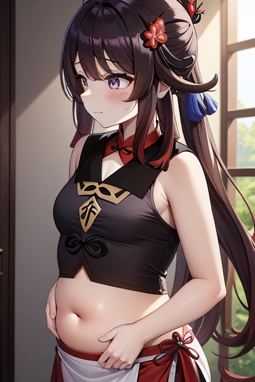 Highly detailed, High Quality, masterpiece, 1girl, <lora:covering_eyes:1> embarrassing, covering eyes, outdoors, <lora:hutao1:0.9> hutaodef, ((small breasts)), bikini