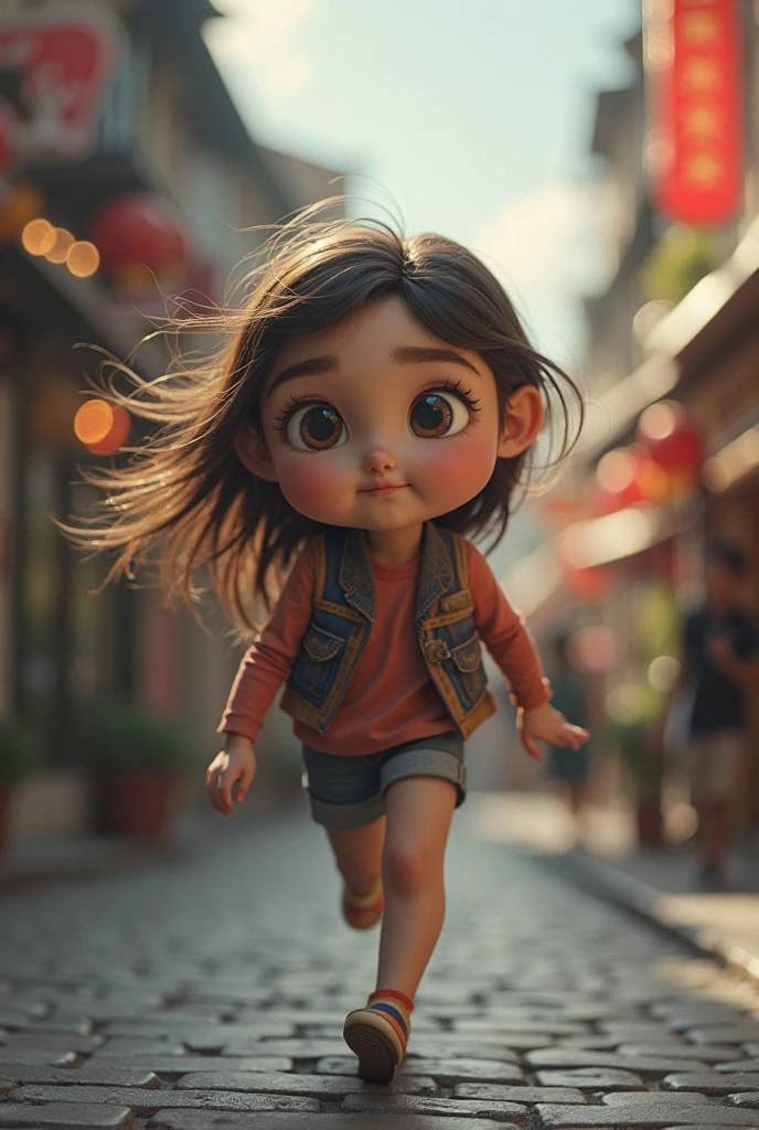 A  girl walking on the street facing backward 
with bear foot