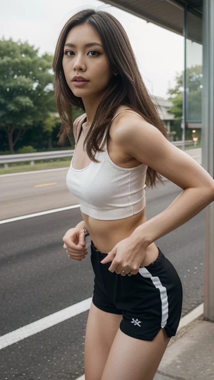 Redhead influencer girl rollerblading in short shorts and top listening to music with headphones making gumball
