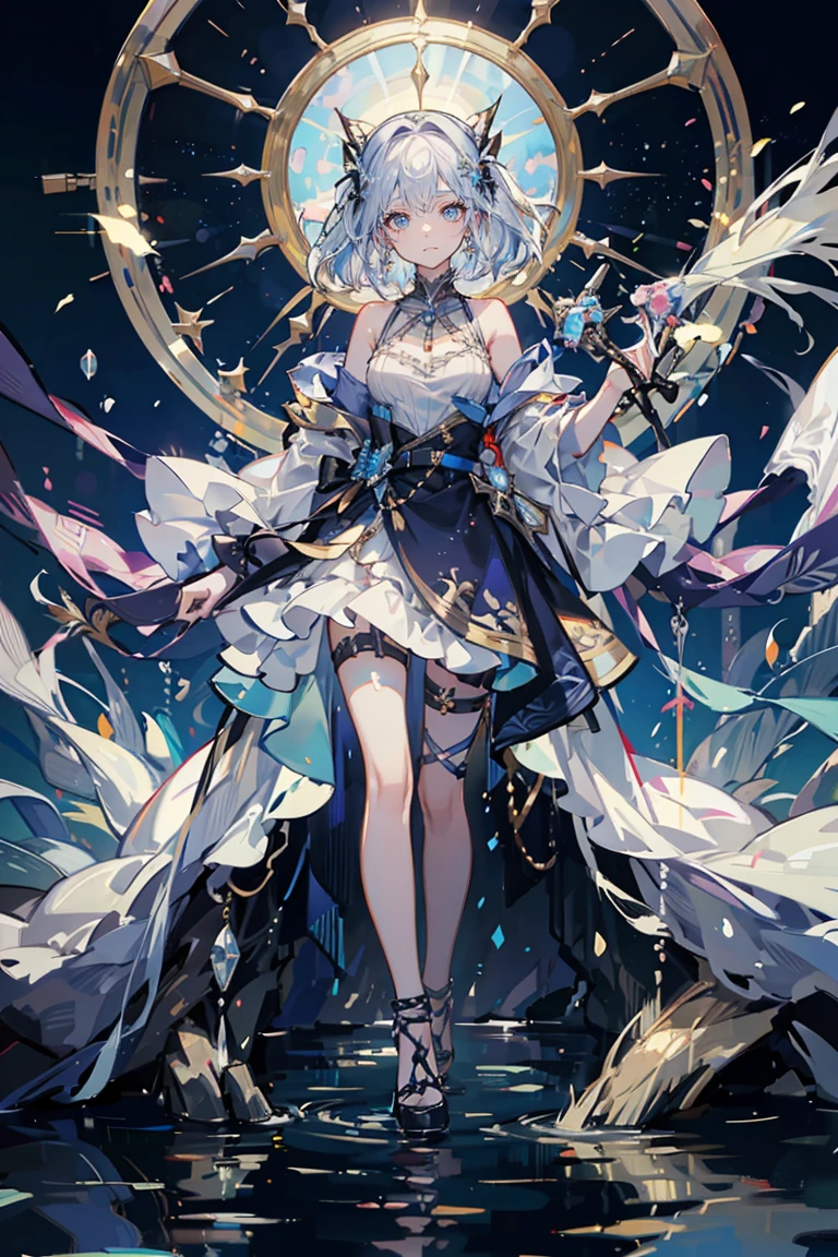 anime girl with long white hair and blue eyes in a white dress, anime goddess, beautiful celestial mage, knights of zodiac girl, cushart krenz key art feminine, keqing from genshin impact, portrait knights of zodiac girl, ayaka genshin impact, white haired deity, genshin, as a mystical valkyrie, high detailed official artwork, angel knight girl