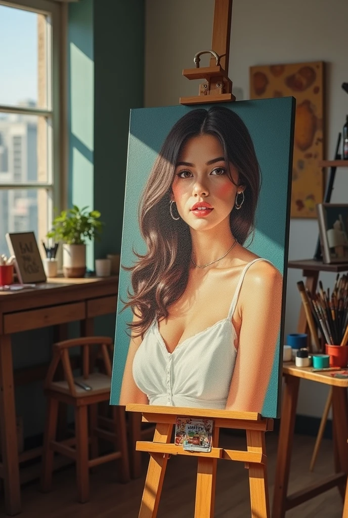 a cyborg girl in a large bright studio, creating a self-portrait on canvas, metallic skin reflecting light, long metal hair framing her face, bright eyes shimmering with confidence and creative inspiration, graceful pose showing off mechanical limbs, hands holding brushes immersed in the painting process, the outline of the self-portrait coming to life with oil paints, beautiful shiny smooth skin, high quality, best quality, absurdres, masterpiece, beautiful, intricate details, 1/2 body crop, slim body, beautiful figure, magnificent anatomy, intricate details, HDR, intricate details, hyper-detailing, natural skin textures, hyper realistic, soft light, sharp