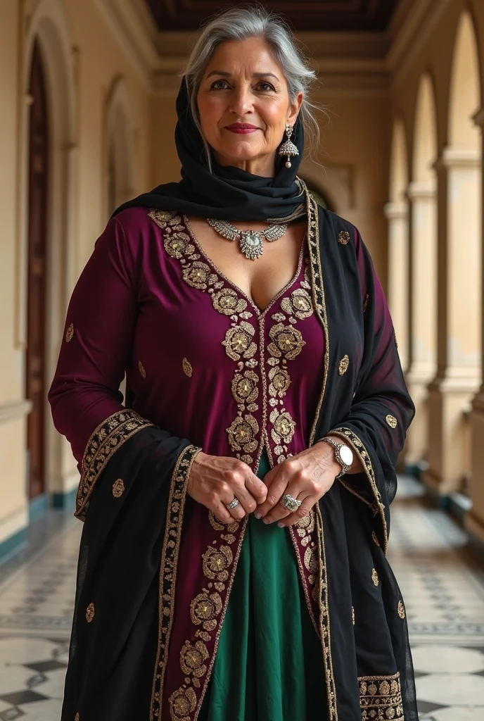 Best quality, high resolution, Masterpiece: 1.3, Arab Mature Granny, Masterpiece, Wise eyes, Wrinkled skin, Warm smile, Golden jewelry, 1 woman, elegant hijab, traditional clothing, detailed and intricate design, intricate embroidery, loose-fitted robe, crocheted scarf, golden coins on her wrists, golden bangles, long necklace with crystals, hands adorned with henna designs, sitting on a worn wooden chair, surrounded by colorful patterned cushions, dimly lit room, sunlight streaming through a window, creating warm, soft shadows on her face, aged, beautiful, strong, bony hands, weather