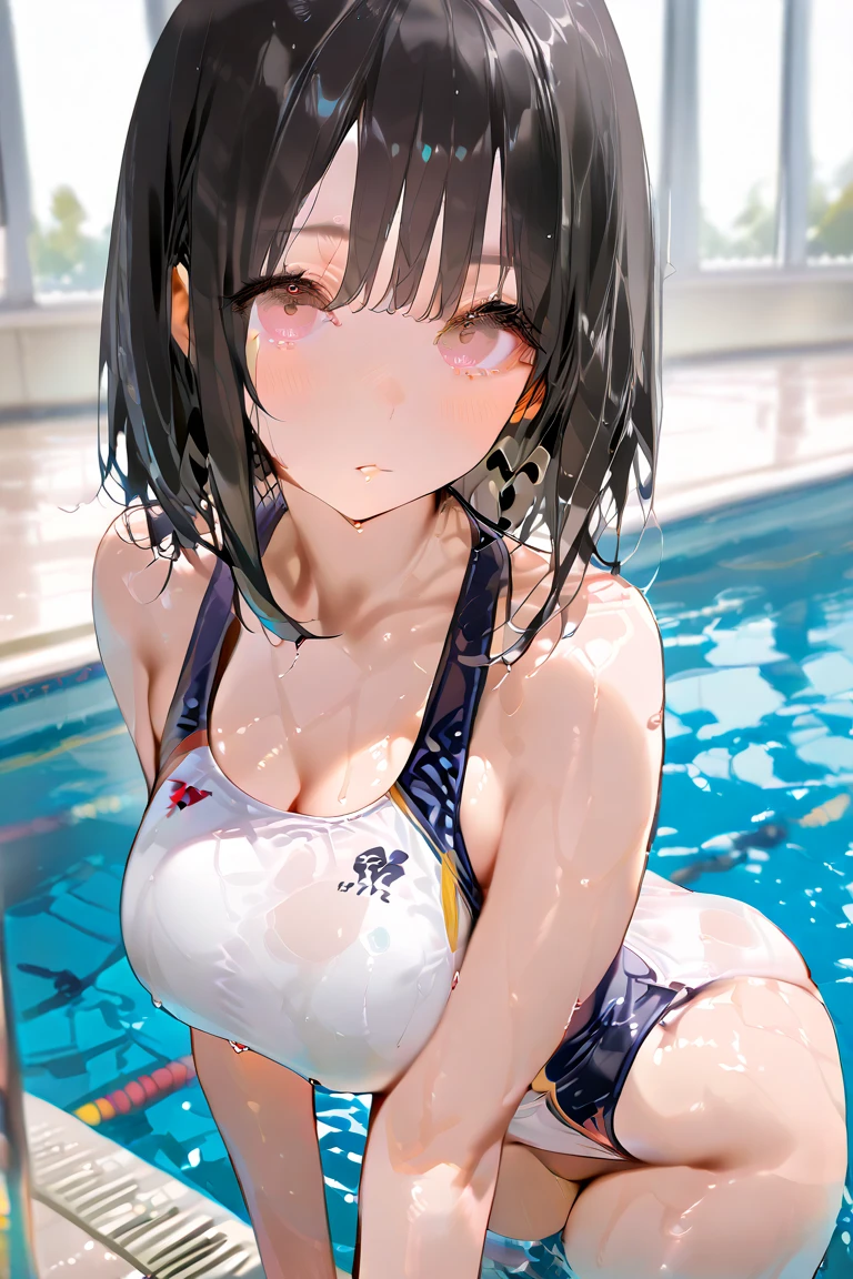 {masterpiece}, {highest quality},1 girl,school_White SEE THROUGH swimming suit,sunset、Small cleavage、Button unbuttoned、