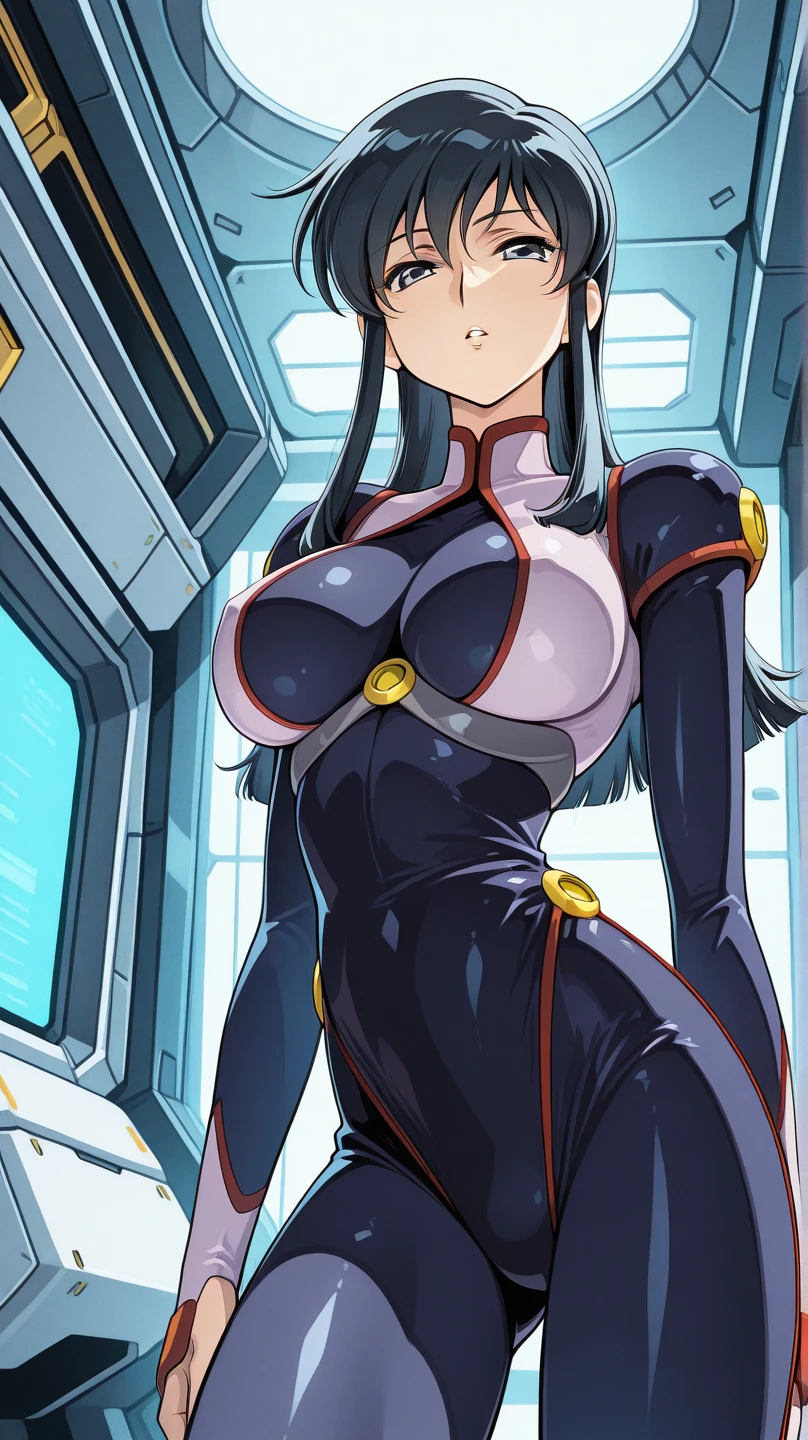 (masterpiece, best quality:1.2),((photoreal:1.1)),perfect anatomy,solo, ((1 middle age woman)),perfect eyes,Chun Louka,((looking at viewer:1.4)),horizontal angle,((shoot from front:1.4)),((Piutuary breasts:1.4)),(small breasts:1.3),((muscular:1.5),((do not hide your crotch)),((do not show your skin:1.4)),(cod lips),((standing:1.3)),holding your head high,ultra detaied,extremely delicate and beautiful,louka,blue pilot suit, long hair, purple hair,
