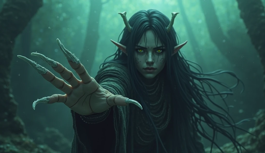 Overgrown hell life, goblin mother Vunxia, cracked skin, green skin, black veins, black blood,