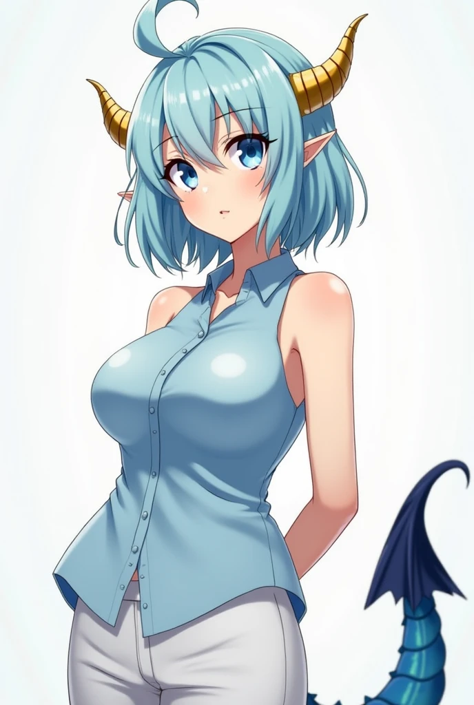 score_9, score_8_up, score_7_up, source_anime, rating_questionable, 1girl, (solo:1.1),

breasts, cowboy shot, looking at viewer, blush, smile, short hair, blue eyes, large breasts, simple background, dress, cleavage, hair between eyes, closed mouth, blue hair, tail, wings, horns, pointy ears, white dress, clothing cutout, blue background, cleavage cutout, monster girl, slit pupils, dragon horns, dragon girl, dragon tail, blue scales, dragon wings, navel, teeth, tongue