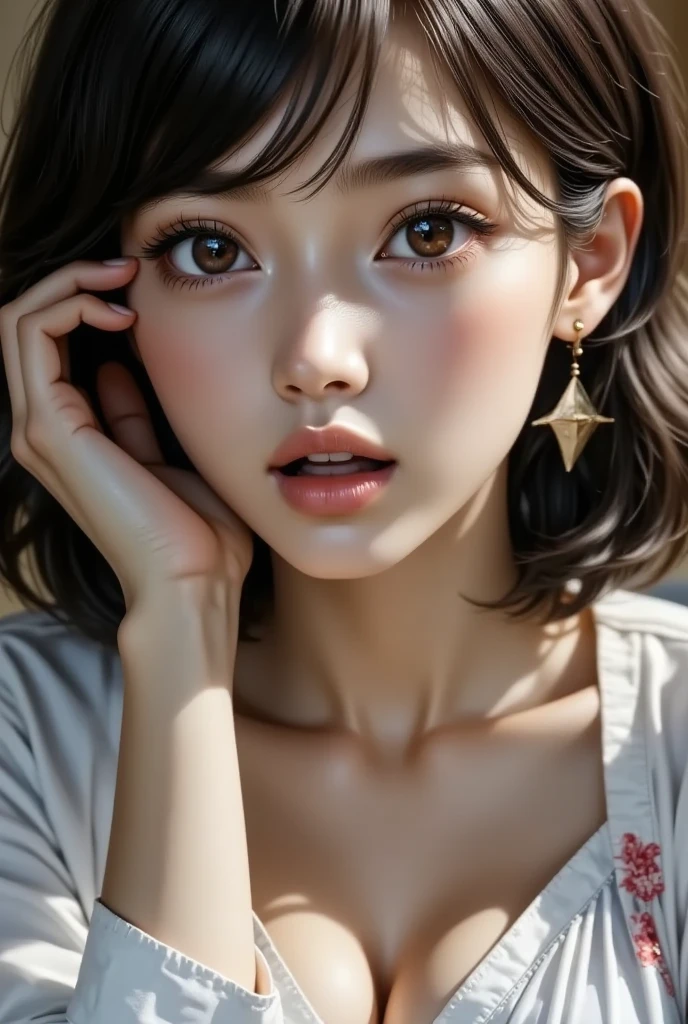 best qualtiy， tmasterpiece， 超高分辨率， （realisticlying：1.5）， RAW photogr， 1girll， bshoulders， in the darkness nigth， deep shading， low tune， cold light， Sexy look， short detailed hair，Eat ice cream