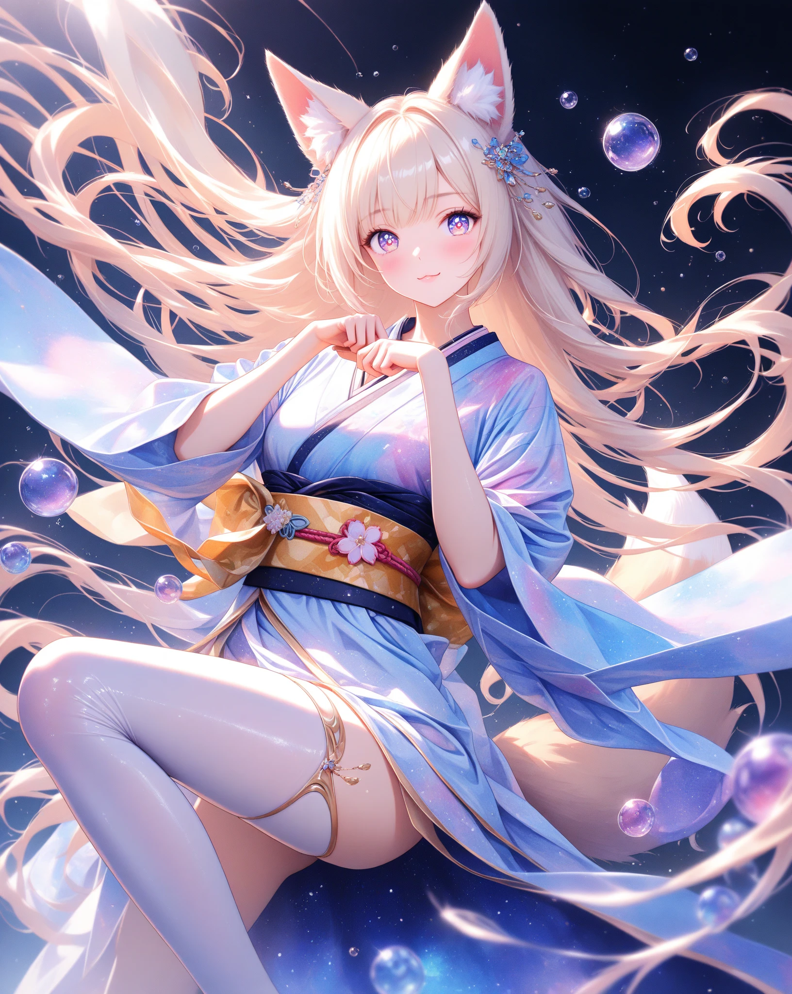 (masterpiece, Highest quality, Highest quality, Official Art, beautifully、aesthetic:1.2), (One girl), Very detailed, Hand over mouth:1.3), colorful, Most detailed, Perfect Face, Upper Body, High resolution, (Open your arms:1.3), (White cloak Golden Line:1.2), Milky Way, (Streaks of Light), Impressive visuals, (Dynamic stripes, Light trail:1.2), Vibrant colors, Cat ear、Wearing a black tank top、Belly button showing、Wearing an oversized hoodie、Dog's tail、Large hooded jacket