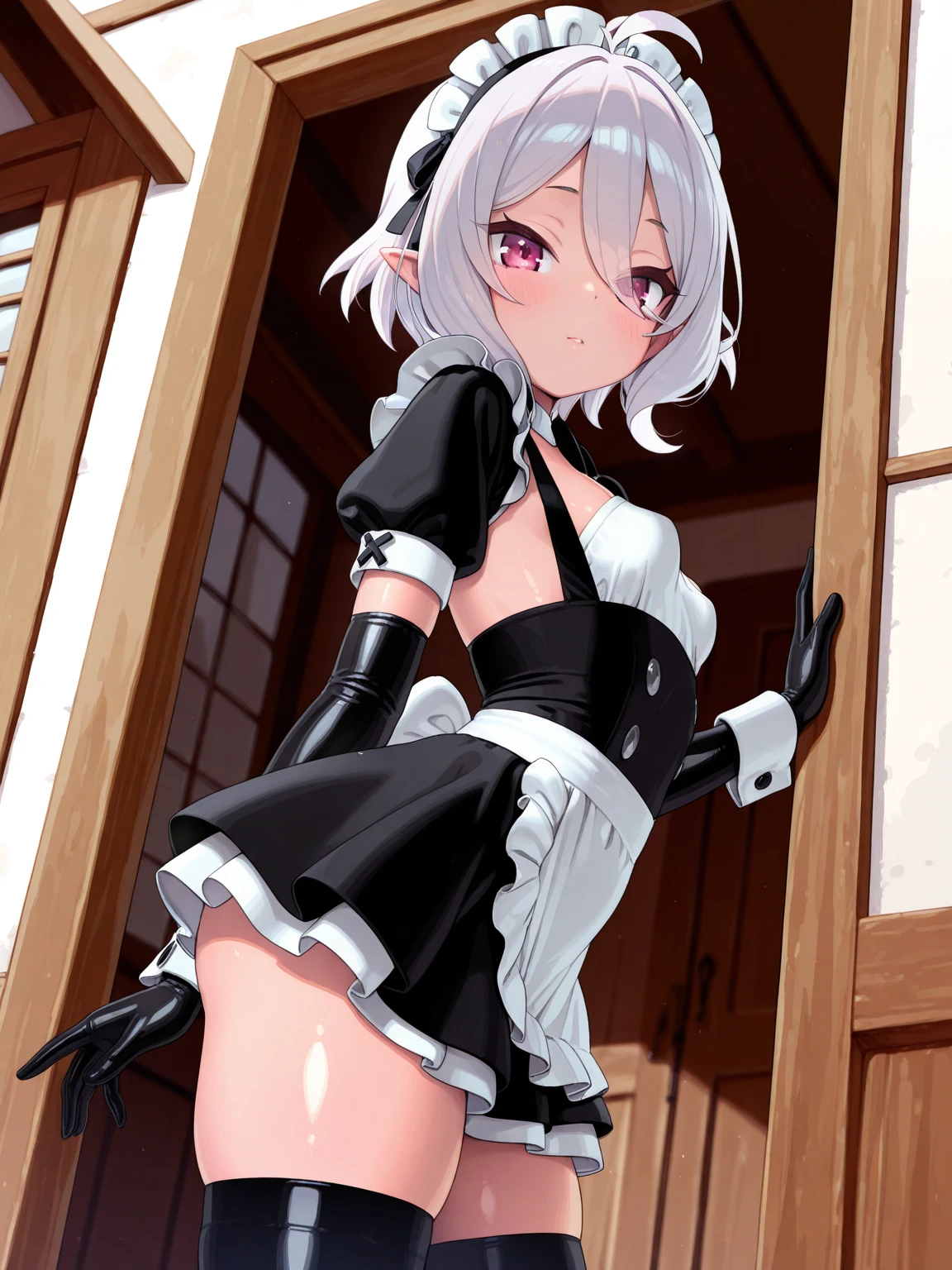 Anime, girl, cute girl, slave, maid, maid uniform, shoes, slave collar, shackles, cold, runny nose, nasal mucus, snot, snot from the nose, handkerchief, you need to sneeze, sneeze yourself, sneeze snot from your nose, desperately want sneeze, cover your nose with your right hand, urinary incontinence, peed, need to pee, pee yourself, pee, pee yourself, cry, really desperately want to pee, scat, diarrhea, crap yourself, need to poop, need to poop, poop in your panties, poop yourself, poop, sneeze, pee and pee yourself: 1.3), desire to sneeze, desire to pee, desire to poop tightly covering the perineum, knees together, feet apart: 1.6), (hand between legs, leaning forward: 1.3), (shaded face, despair, anxiety, sigh, full face flush, embarrassment, looking away: 1.5), (girl can't stand up straight: 1.5), full body, (ultra detailed face, best quality: 1.5), ( from the side), standing, living room, full height. Pee on the floor and pooped on the floor