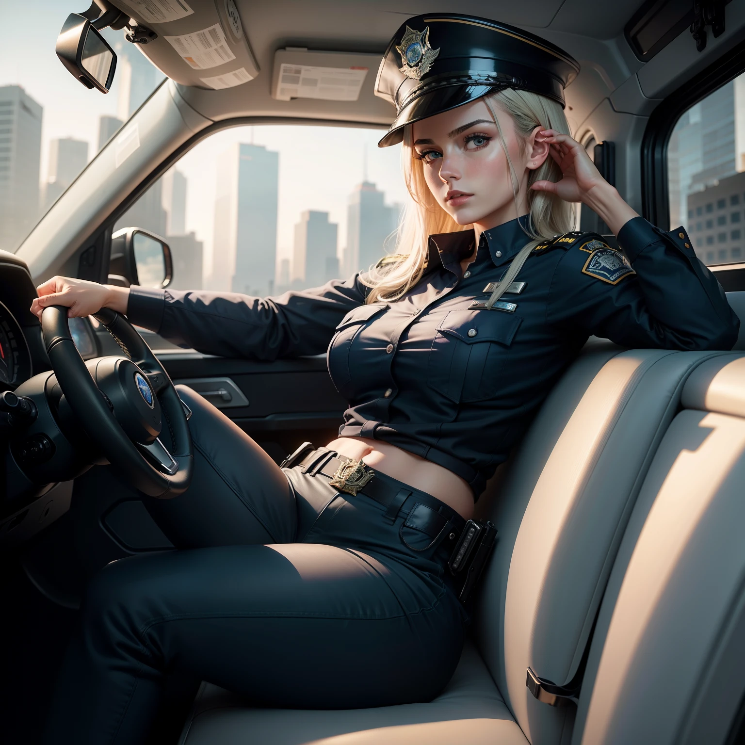 Sexy policewoman, Inside a police car, desnuda tocandose un pecho con la mano y la otra coge la pistola