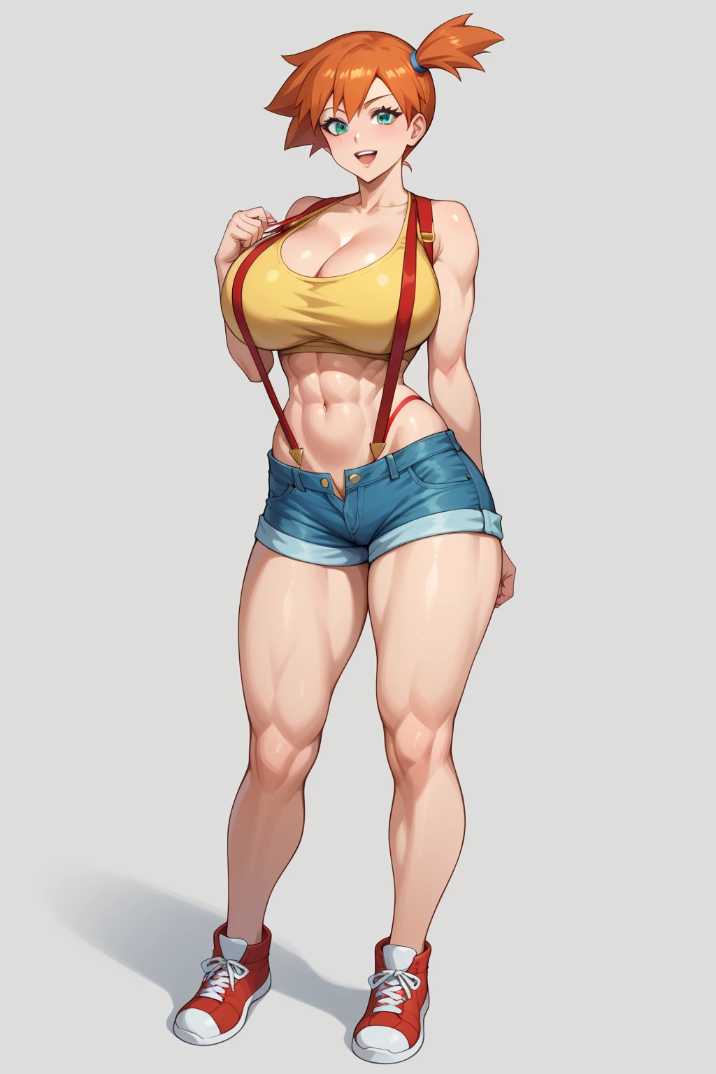 Lacy Lemon, pretty woman, curly ginger hair, midriff, white cloth hotpants,tank top, short shorts, freckles, large breasts, rubenesque, thigh high striped socks, far shot
green eyes,
white background, blank background,
