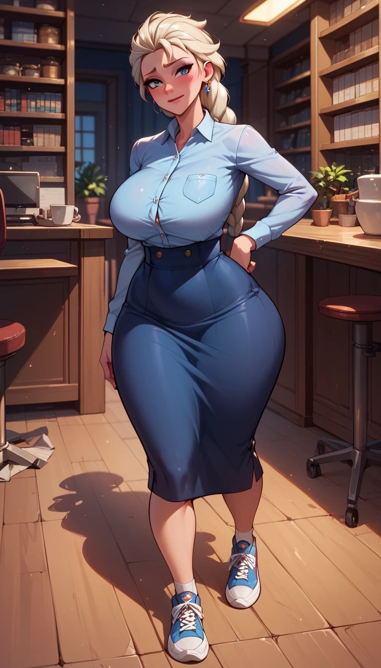 (best quality, highres, masterpiece:1.2), ultra-detailed, Detailedface, Detailedeyes, thepit style, solo, solo_female, 1girl, Sylvia Marpole, b1mb0, milf, furry, thick thighs, wide hips, thin waist, huge ass, big butt, phat booty, pawg, long legs, full body, high heels, standing, white long sleeved shirk, black skirt, librarian, library, from behind, back view, looking back, professional, vivid colors, sharp focus, detailed eyes and face, beautiful detailed lips, realistic lighting,