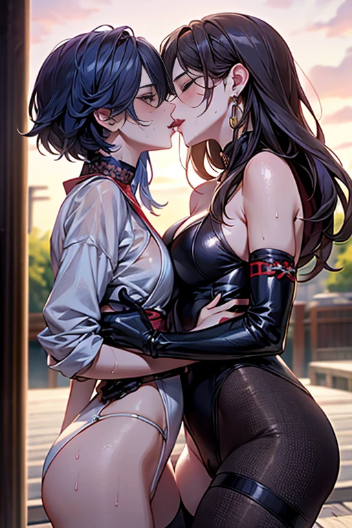 masutepiece,hyper quality, Hyper-detailing,Perfect drawing,nffsw,3D,8K,illustratio、Hi-Res、(((Two beautiful girls)))、(The bikini)、(tank top bikini)、Light blue hair、Pink hair、(Sitting on the breakwater)、Close your eyes、((French Kissing))、Horizon、shores、Back lighting、Sparkling water surface、beatiful backgrounds、Accurate drawing、Detailed drawing
