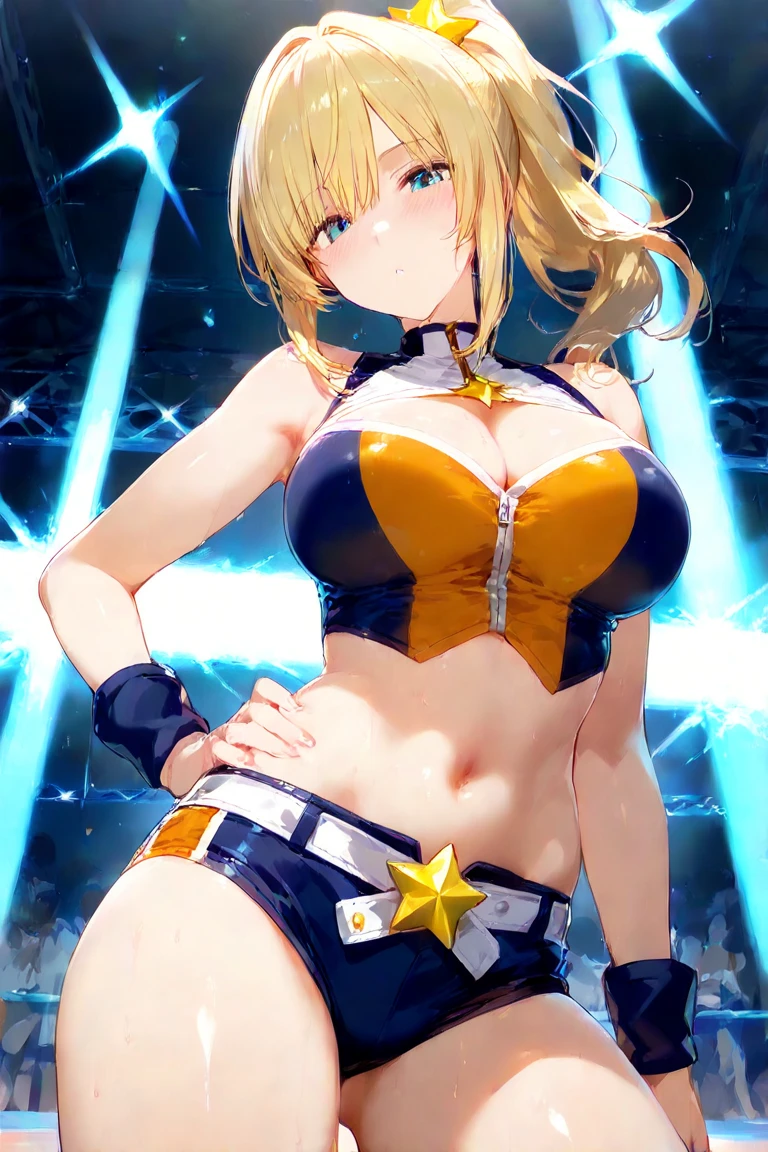 (best quality,highres:1.2),ultra-detailed,realistic,photorealistic:1.37,a beautiful girl (Lucy Heartfillia from Fairy Tail) model in a pop style,18 years old,long legs,medium breasts,extremely detailed face (with emphasis on azure eyes),Her golden-colored hair falls to her shoulders,wearing tight-fitting clothes (exposing the stomach),bent down, lifting her ass to the top,more sexy pose,illustration,colorful pop art style,dynamic lighting,neon colors,sunglasses on head.Nsfw