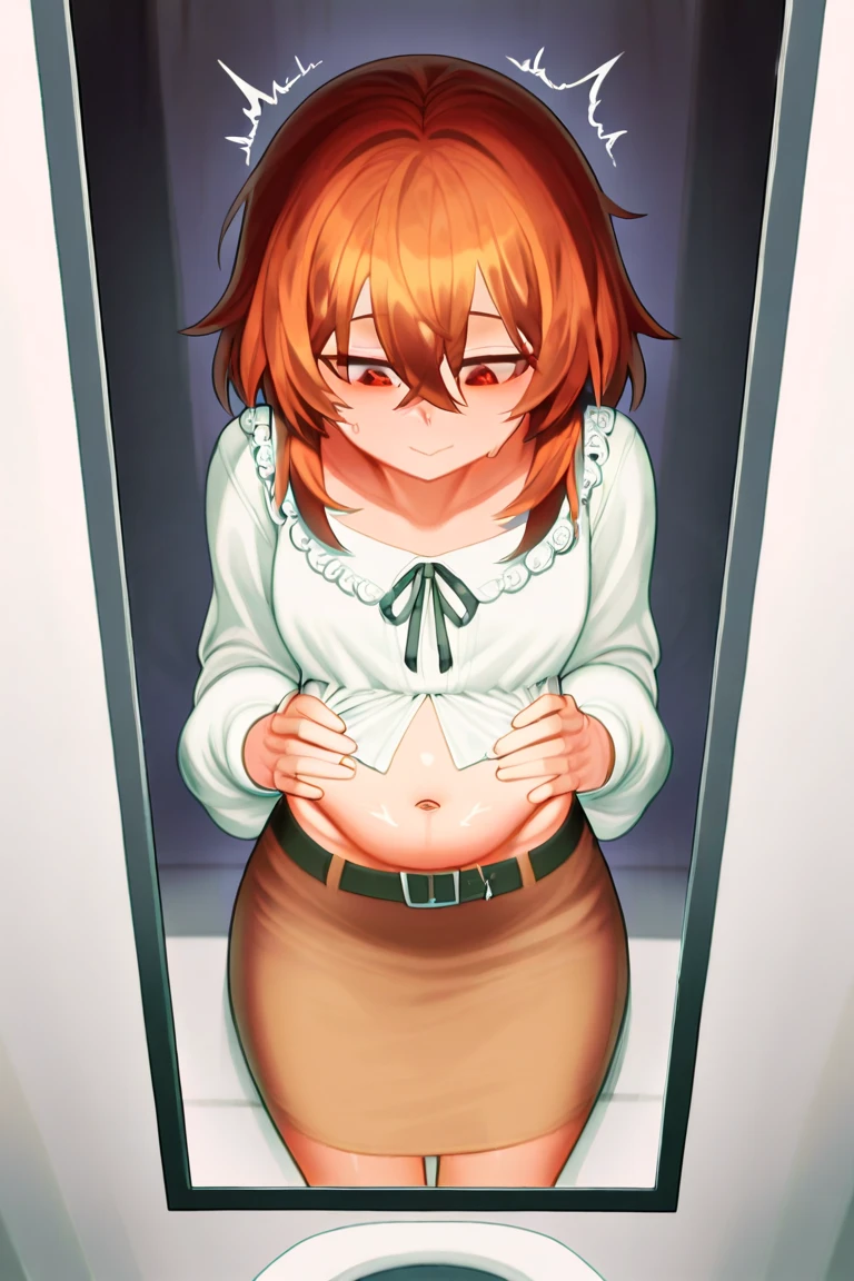 ((NEGATIVE_HAND,NEGATIVE_HAND-NEG)), Kobayashi, blushing, frown, (Bust size very very small.)), (flat chest:1.2), Posando avergonzada, kawaii, Rizun-Kyun/Kitagawa Marin Succubus Clothing, camisa collar, mangas largas, negro panties, bragas con volantes, encogimiento de hombros \(Ropa\), top corto, negro_camisa, tiro de vaquero,