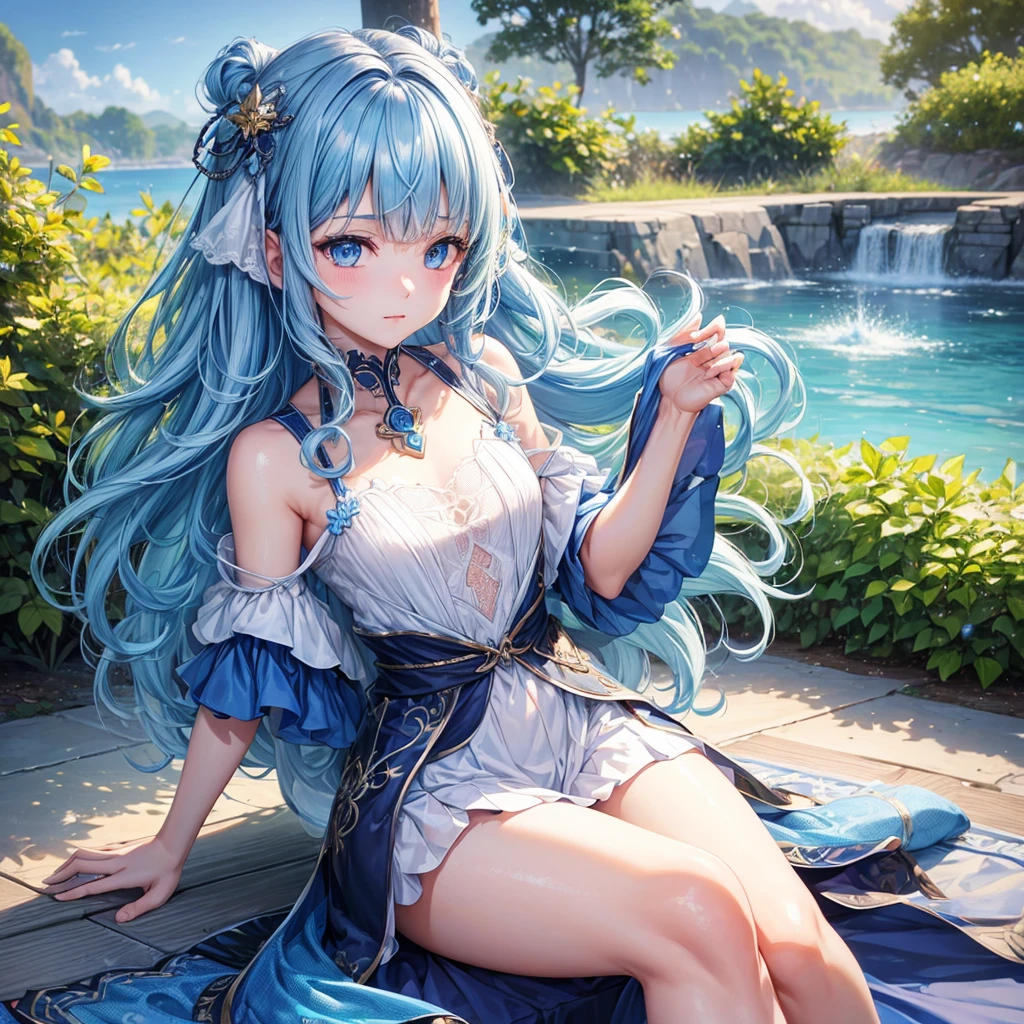 (masterpiece)、(highest quality)、((Super detailed))、(super delicate)、Idol in naughty night dress、light aqua blue hair、beautiful breasts、Thighs、Gorgeous、lake with mountain view、Fantastic starry sky