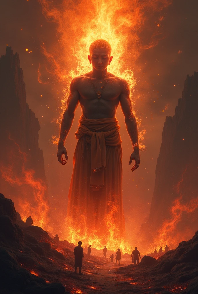 Create very heavy rain falling on a person on fire