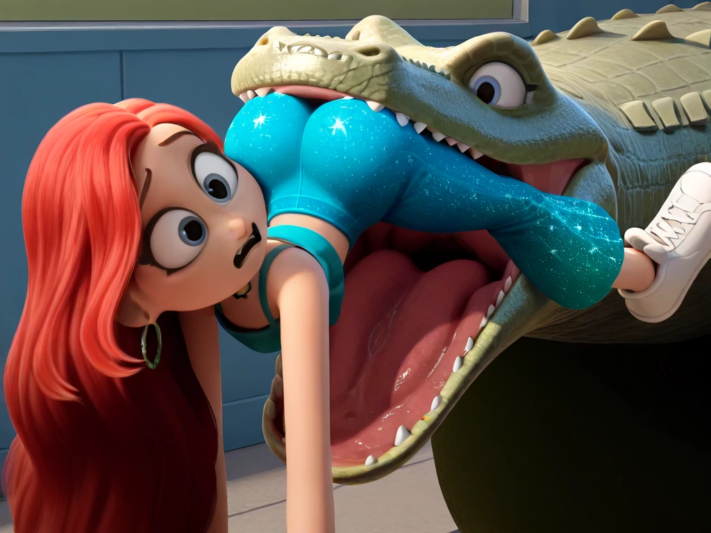 A pink man sized tyrannosaurus dances and plays with some human children, set in Disney land
