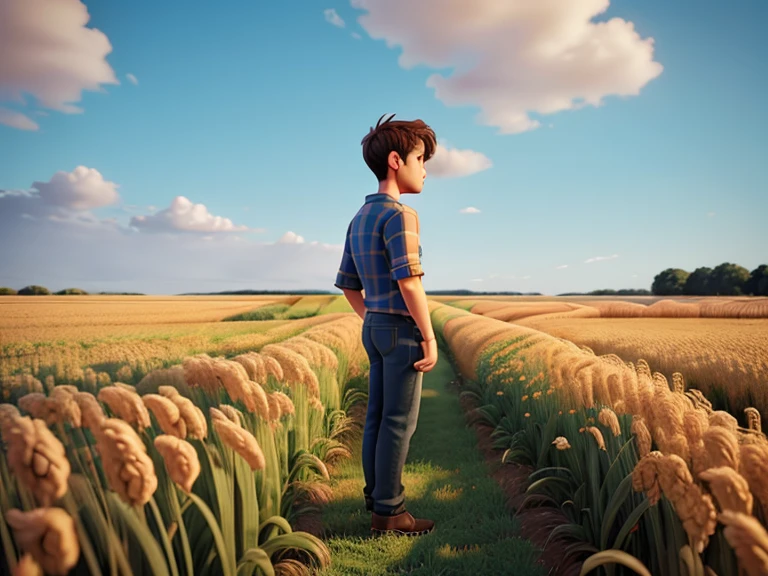 masterpiece, best quality, ultra-detailed, cute, Little boy stroking sunflowers, full body, brawn hair, t-shirt, anime style,