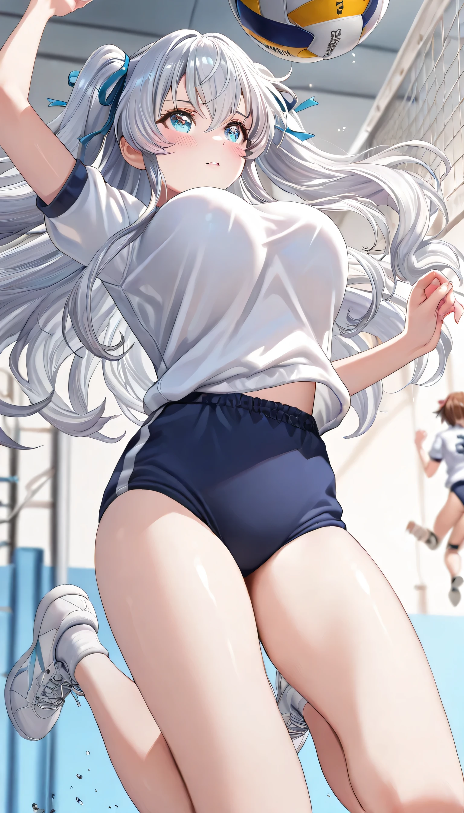 ((ultra-detailed)), (highly detailed CG illustration), (best quality:1.2), ultra-highly detailed, colorful composition, artistic photoshoot, 1girl, solo focus, thigh to top, cowboy shot, moe anime character, girl, dainty facial structure, baby face, round face, rounded chin:1.2, ideal ratio body proportions, lora:volleyball-spike-ponyxl-lora-nochekaiser:1, celia-default, celia claire, blue eyes, sparkle eyes, long silver hair:1.2, two side up, hair ribbon with blue, ample breasts, blue school gym buruma, serious:1.2, blush:1.3, (Volleyball spikes:1.4), balls, (jumping:1.6), junp high:1.3, floating:1.4, object, volleyball, volleyball net, raise your arms:1.3, look up, from behind:1.3, dynamic pose:1.6, contrapposto pose, flowing hair:1.2, best quality, expecting, pink cheek, blush, light pink gloss slip, portrait, depth of field, soft lighting, sidelighting, shine, lighting, caustics, ray tracing, perfect face, lustrous skin, highly detailed face, highly detailed eyes, perfect face, perfect nose, perfect hair, perfect eyes, perfect anatomy, beautiful hair, beautiful small face, extremely detailed face, beautiful detailed eyes, beautiful clavicle, beautiful body, beautiful huge breasts, leavage, breasts squeezed together, equalize the size of the left and right breasts, beautiful thin thighs, beautiful legs, beautiful fingers, 4 fingers, 1 thumb, lovely, (very detailed background:1.0), (highly detailed background:1.0), summer aesthetic, intricate details, shy atmosphere, summer colors palette, chromatic aberration